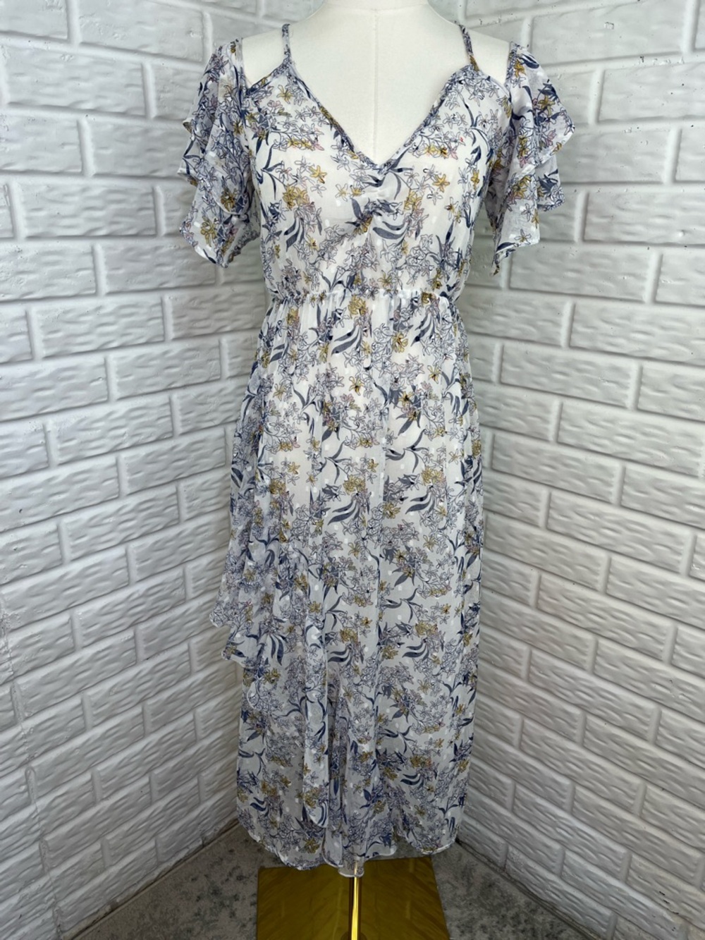 MANGO CHIFFON DRESS BLUE YELLOW FLORAL SEMI SHEER COLD SHOULDER RUFFLE SZ 2